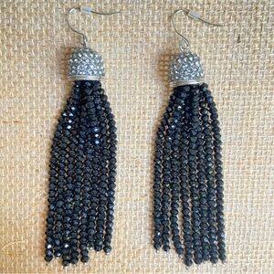 Black crystal tassel pierced earrings with rhinestone pave on silvertone caps